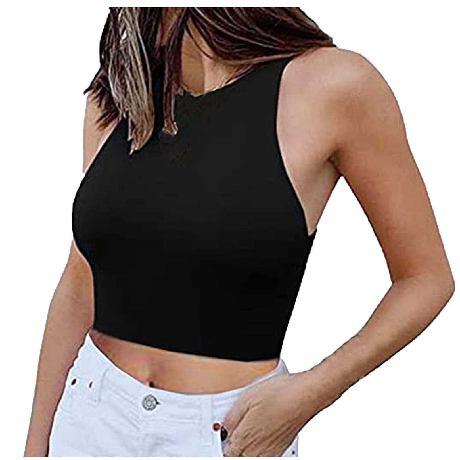 Olyvenn Summer Sleeveless Crewneck Tees for Women Trendy Slim Cami Shirts Cozy Clothes Women's Fashion Crop Tank Tops Tee Shirts Solid Camis Teen Girls Black 10